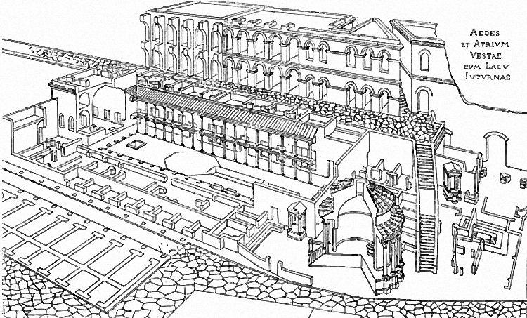 A guide to the House of Vestal Virgins Reconstruction drawings of the House of Vestal Virgins made by Christian Huelsen (Source: Wikimedia Commons)